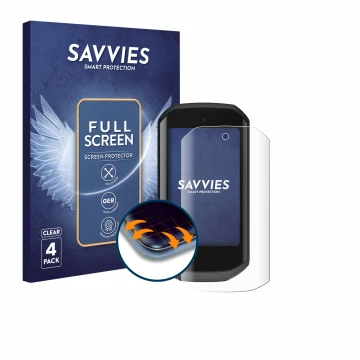 Vorderseite einer Produktverpackung mit dem Markenlogo Savvies. Daneben ist das Gerät Garmin Edge 1050 mit dem zugehörigen Dis