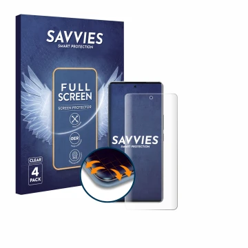 Vorderseite einer Produktverpackung mit dem Markenlogo Savvies. Daneben ist das Gerät Vivo V40 mit dem zugehörigen Displayschu