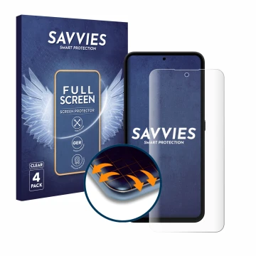 Vorderseite einer Produktverpackung mit dem Markenlogo Savvies. Daneben ist das Gerät Nothing CMF Phone 1 mit dem zugehörigen 