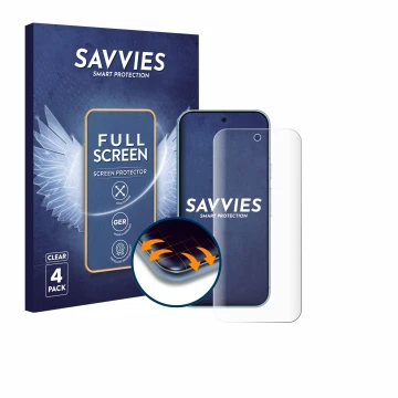 Vorderseite einer Produktverpackung mit dem Markenlogo Savvies. Daneben ist das Gerät Google Pixel 9 mit dem zugehörigen Displ