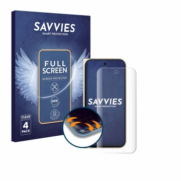 Vorderseite einer Produktverpackung mit dem Markenlogo Savvies. Daneben ist das Gerät Google Pixel 9 Pro Fold mit dem zugehöri
