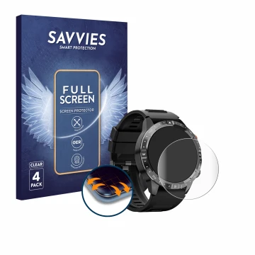 Vorderseite einer Produktverpackung mit dem Markenlogo Savvies. Daneben ist das Gerät Sanorum Smartwatch 1.43