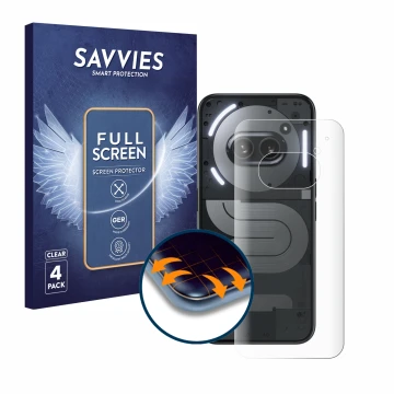 Vorderseite einer Produktverpackung mit dem Markenlogo Savvies. Daneben ist das Gerät Nothing Phone (2a) Plus (Rückseite) mit 