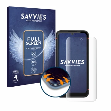 Vorderseite einer Produktverpackung mit dem Markenlogo Savvies. Daneben ist das Gerät Gigaset GX4 Pro mit dem zugehörigen Disp