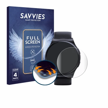 Vorderseite einer Produktverpackung mit dem Markenlogo Savvies. Daneben ist das Gerät Motorola Moto Watch 120 mit dem zugehöri
