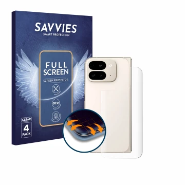 Vorderseite einer Produktverpackung mit dem Markenlogo Savvies. Daneben ist das Gerät Google Pixel 9 Pro Fold (Rückseite) mit 