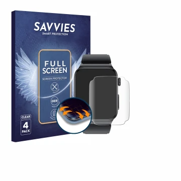 Vorderseite einer Produktverpackung mit dem Markenlogo Savvies. Daneben ist das Gerät andoer Smartwatch 1.85