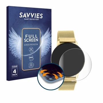 Vorderseite einer Produktverpackung mit dem Markenlogo Savvies. Daneben ist das Gerät Oozoo Q00121 mit dem zugehörigen Display