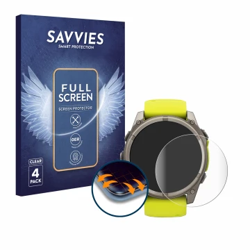 Vorderseite einer Produktverpackung mit dem Markenlogo Savvies. Daneben ist das Gerät Garmin Fenix 8 Solar (51 mm) mit dem zug