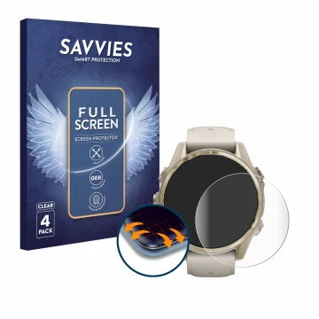 Vorderseite einer Produktverpackung mit dem Markenlogo Savvies. Daneben ist das Gerät Garmin Fenix 8 (43 mm) mit dem zugehörig