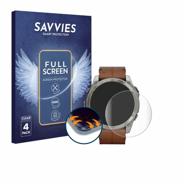 Vorderseite einer Produktverpackung mit dem Markenlogo Savvies. Daneben ist das Gerät Garmin Fenix 8 AMOLED (51 mm) mit dem zu