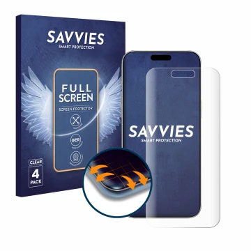 Vorderseite einer Produktverpackung mit dem Markenlogo Savvies. Daneben ist das Gerät Apple iPhone 16 mit dem zugehörigen Disp