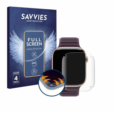 Vorderseite einer Produktverpackung mit dem Markenlogo Savvies. Daneben ist das Gerät Apple Watch Series 10 (42 mm) mit dem zu