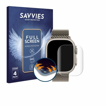 Vorderseite einer Produktverpackung mit dem Markenlogo Savvies. Daneben ist das Gerät Apple Watch Ultra 3 mit dem zugehörigen 