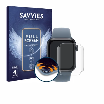 Vorderseite einer Produktverpackung mit dem Markenlogo Savvies. Daneben ist das Gerät Apple Watch SE 3 (40 mm) mit dem zugehör
