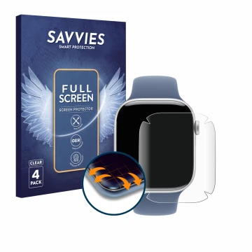Vorderseite einer Produktverpackung mit dem Markenlogo Savvies. Daneben ist das Gerät Apple Watch Series 10 (46 mm) mit dem zu