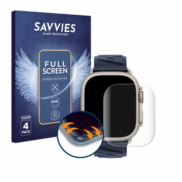 Vorderseite einer Produktverpackung mit dem Markenlogo Savvies. Daneben ist das Gerät Apple Watch Hermès Ultra 2 mit dem zugeh