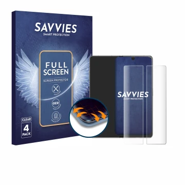 Vorderseite einer Produktverpackung mit dem Markenlogo Savvies. Daneben ist das Gerät Honor Magic V3 (inneres Display) mit dem