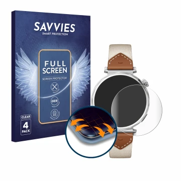 Vorderseite einer Produktverpackung mit dem Markenlogo Savvies. Daneben ist das Gerät Huawei Watch GT 5 (41 mm) mit dem zugehö