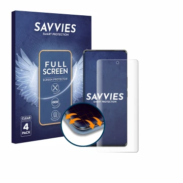 Vorderseite einer Produktverpackung mit dem Markenlogo Savvies. Daneben ist das Gerät Vivo T2 Pro mit dem zugehörigen Displays