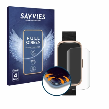 Vorderseite einer Produktverpackung mit dem Markenlogo Savvies. Daneben ist das Gerät Ruxingx Fitness Tracker 1.47