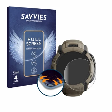 Vorderseite einer Produktverpackung mit dem Markenlogo Savvies. Daneben ist das Gerät Garmin Instinct 2X Solar Tactical Editio