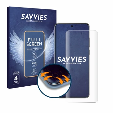 Vorderseite einer Produktverpackung mit dem Markenlogo Savvies. Daneben ist das Gerät Vivo X200 mit dem zugehörigen Displaysch