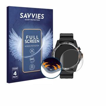 Vorderseite einer Produktverpackung mit dem Markenlogo Savvies. Daneben ist das Gerät Mobvoi Ticwatch Atlas mit dem zugehörige