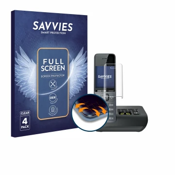 Vorderseite einer Produktverpackung mit dem Markenlogo Savvies. Daneben ist das Gerät Gigaset COMFORT 520A mit dem zugehörigen