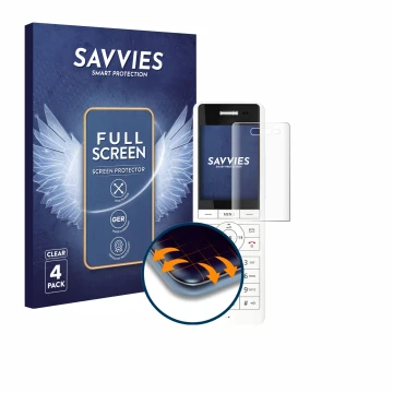 Vorderseite einer Produktverpackung mit dem Markenlogo Savvies. Daneben ist das Gerät AVM Fritz!Fon X6 White mit dem zugehörig