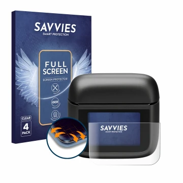 Vorderseite einer Produktverpackung mit dem Markenlogo Savvies. Daneben ist das Gerät JBL Tour Pro 3 mit dem zugehörigen Displ