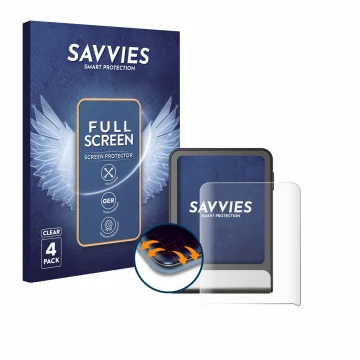 Vorderseite einer Produktverpackung mit dem Markenlogo Savvies. Daneben ist das Gerät Ledger Flex mit dem zugehörigen Displays