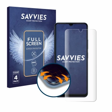 Vorderseite einer Produktverpackung mit dem Markenlogo Savvies. Daneben ist das Gerät Xiaomi Redmi 14C mit dem zugehörigen Dis