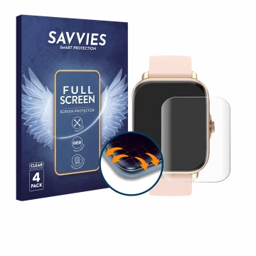 Vorderseite einer Produktverpackung mit dem Markenlogo Savvies. Daneben ist das Gerät Janolty Smartwatch 1.83