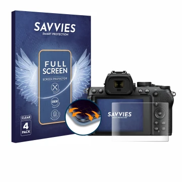 Vorderseite einer Produktverpackung mit dem Markenlogo Savvies. Daneben ist das Gerät Nikon Z50 II mit dem zugehörigen Display