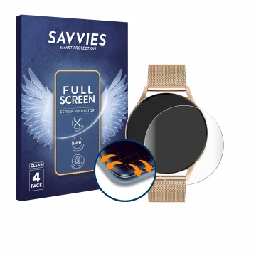 Vorderseite einer Produktverpackung mit dem Markenlogo Savvies. Daneben ist das Gerät Levowatch Edgy 1.43