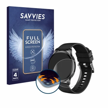 Vorderseite einer Produktverpackung mit dem Markenlogo Savvies. Daneben ist das Gerät Maoo Ventura AMOLED Smartwatch 1.32