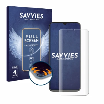 Vorderseite einer Produktverpackung mit dem Markenlogo Savvies. Daneben ist das Gerät ZTE Blade V50S mit dem zugehörigen Displ