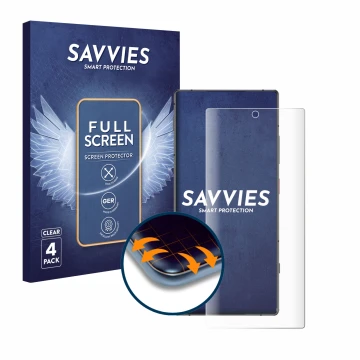 Vorderseite einer Produktverpackung mit dem Markenlogo Savvies. Daneben ist das Gerät Nubia Z70 Ultra mit dem zugehörigen Disp