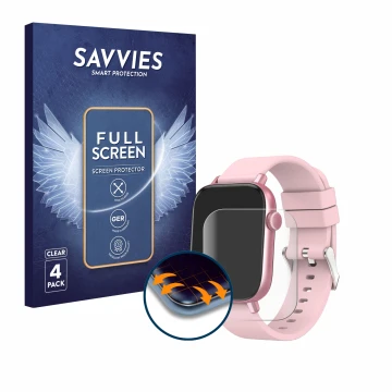 Vorderseite einer Produktverpackung mit dem Markenlogo Savvies. Daneben ist das Gerät Ombar Smartwatch 1.9