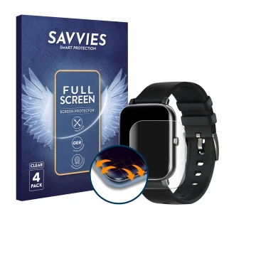 Vorderseite einer Produktverpackung mit dem Markenlogo Savvies. Daneben ist das Gerät Ibettertec Smartwatch 1.69