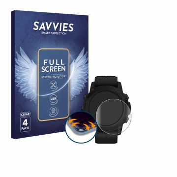 Vorderseite einer Produktverpackung mit dem Markenlogo Savvies. Daneben ist das Gerät Garmin Descent G1 Solar mit dem zugehöri