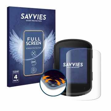 Vorderseite einer Produktverpackung mit dem Markenlogo Savvies. Daneben ist das Gerät Garmin Edge 840 Solar mit dem zugehörige