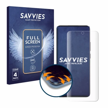 Vorderseite einer Produktverpackung mit dem Markenlogo Savvies. Daneben ist das Gerät Oppo Reno 12 mit dem zugehörigen Display