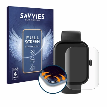 Vorderseite einer Produktverpackung mit dem Markenlogo Savvies. Daneben ist das Gerät Hama Fit Watch 5000 mit dem zugehörigen 