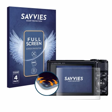 Vorderseite einer Produktverpackung mit dem Markenlogo Savvies. Daneben ist das Gerät Canon PowerShot SX740 HS Lite mit dem zu