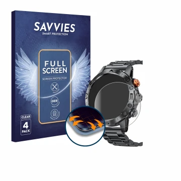 Vorderseite einer Produktverpackung mit dem Markenlogo Savvies. Daneben ist das Gerät DekeFit MT43PRO 1.53