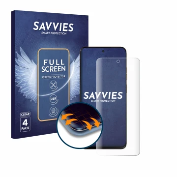 Vorderseite einer Produktverpackung mit dem Markenlogo Savvies. Daneben ist das Gerät Motorola Moto G15 mit dem zugehörigen Di