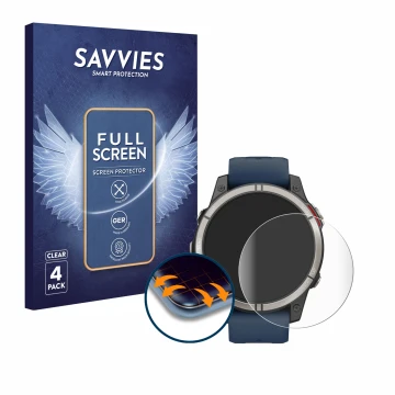 Vorderseite einer Produktverpackung mit dem Markenlogo Savvies. Daneben ist das Gerät Garmin quatix 7 Pro mit dem zugehörigen 