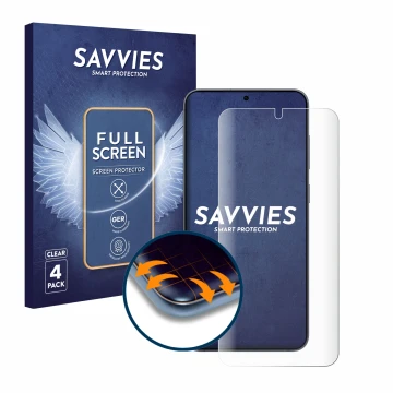 Vorderseite einer Produktverpackung mit dem Markenlogo Savvies. Daneben ist das Gerät Samsung Galaxy S25 Plus mit dem zugehöri